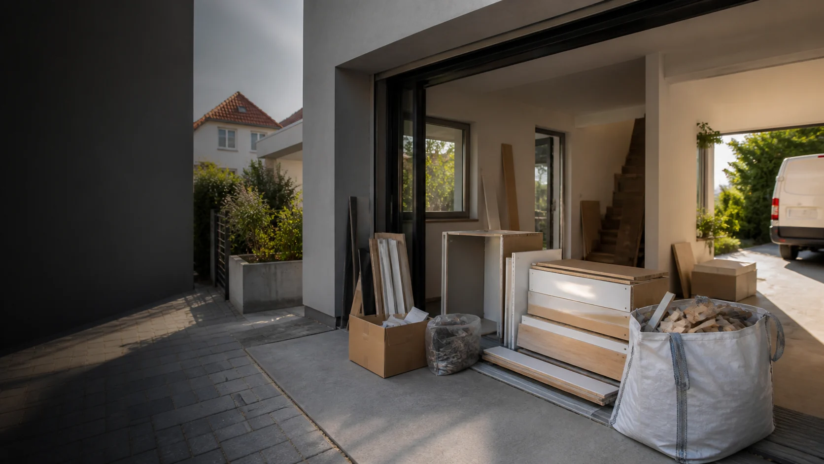 Renovierungsszene mit ausgebauten Möbeln, Material und Transporter vor einem Haus