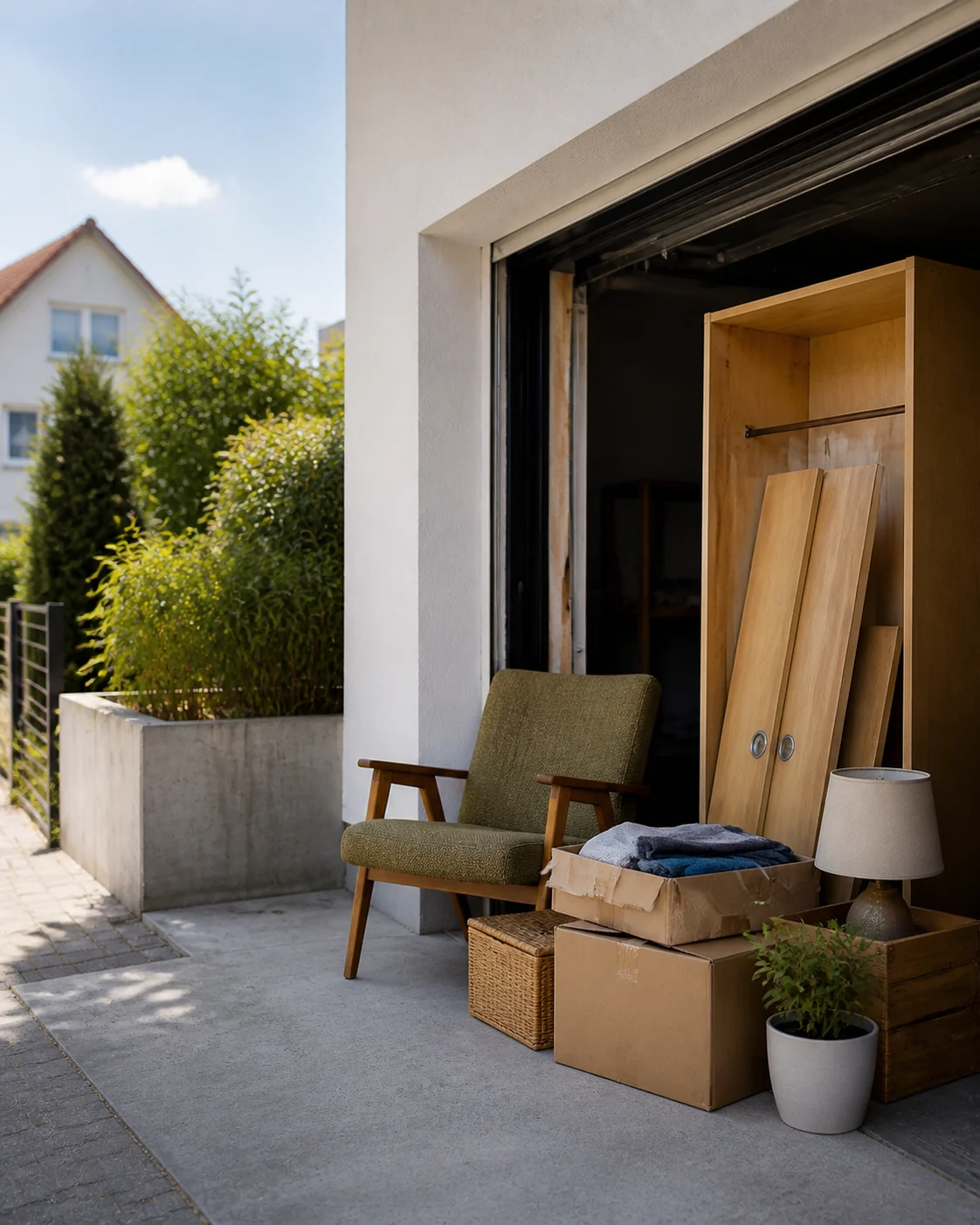 Möbel und Hausrat vor einer Garage