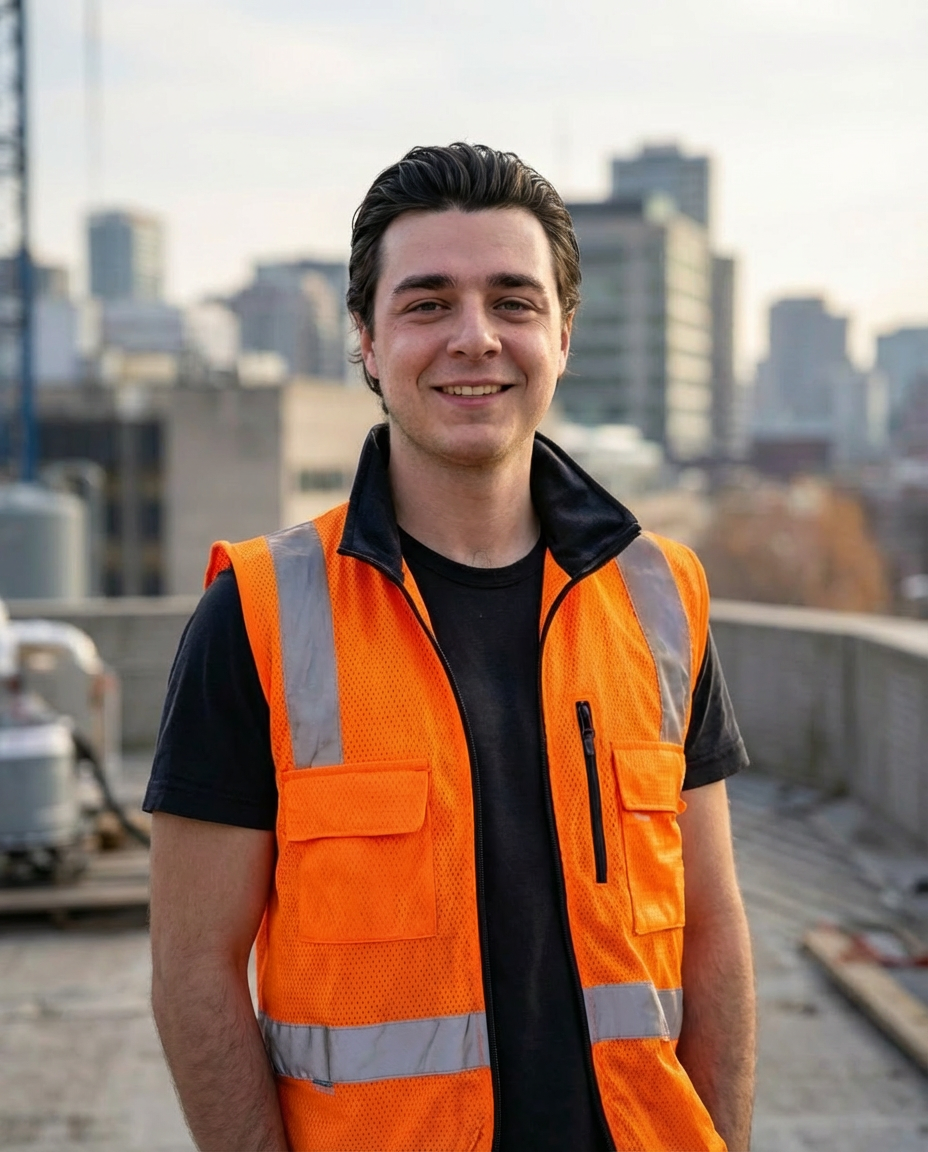 Lucas Perkic in orangefarbener Warnweste